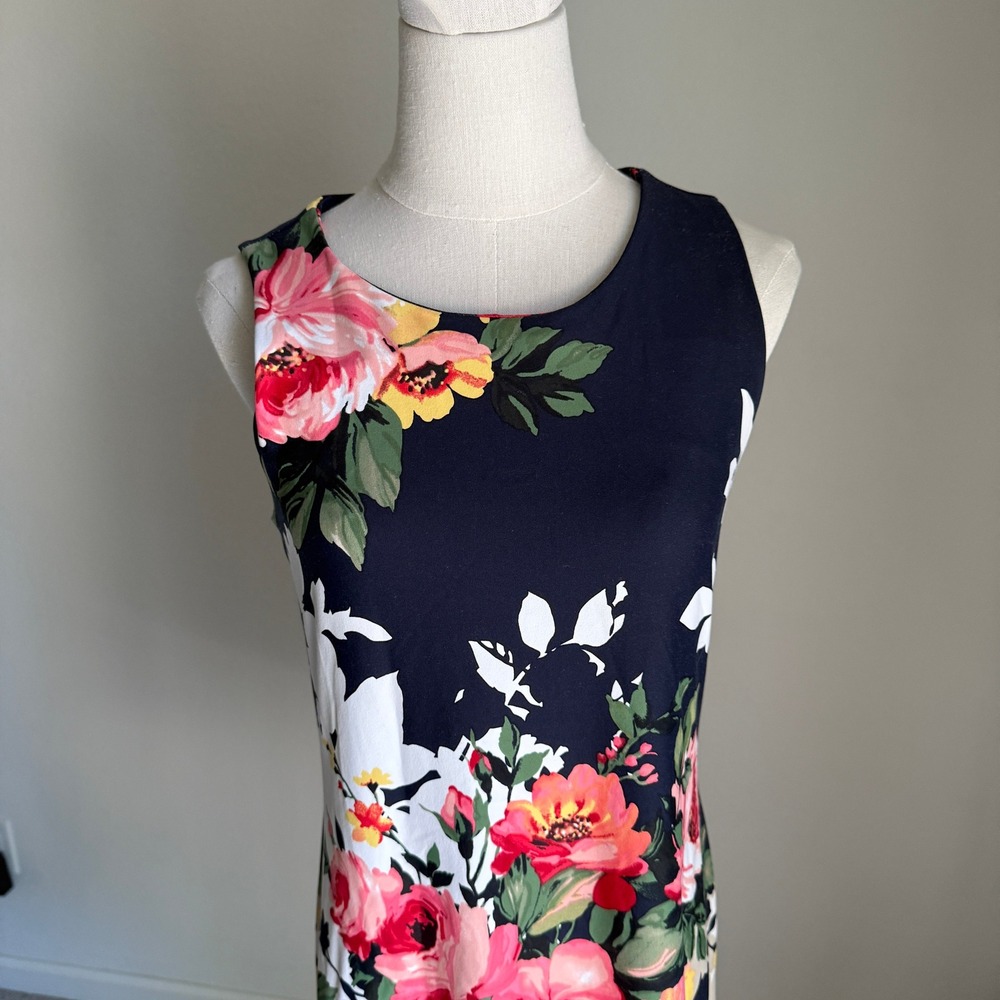 Charter Club Floral Dress Women's Medium Sleeveless Midi Navy Pink Red Flowers - Picture 2 of 6